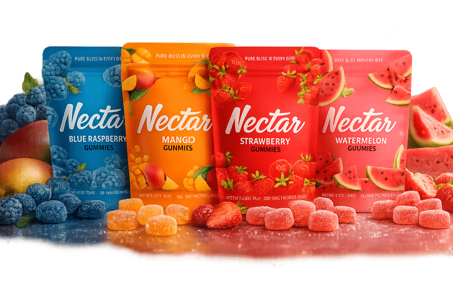 Fruit flavored THC gummies in vibrant display